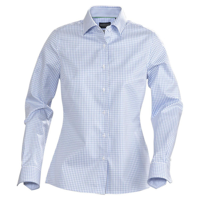 A button-up shirt featuring a blue and white check pattern, with long sleeves and a tailored fit. It has a logo on the label.