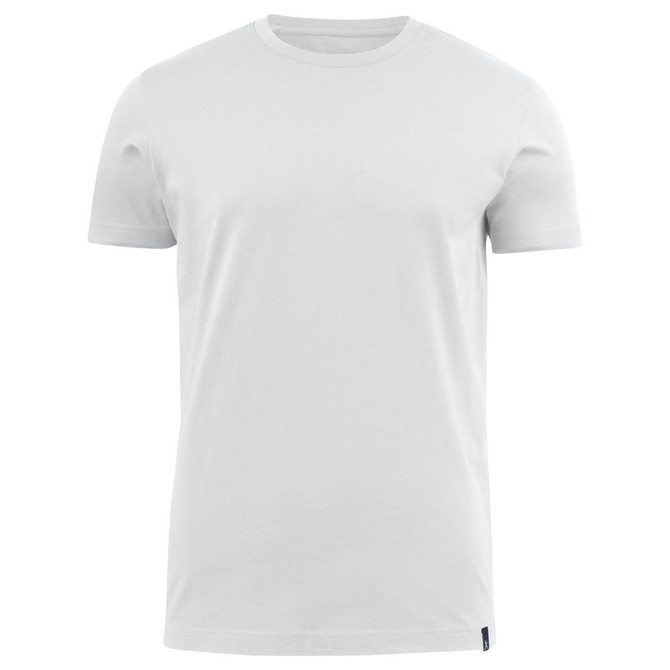 A plain white crew neck T-shirt with short sleeves, featuring a logo on the side.