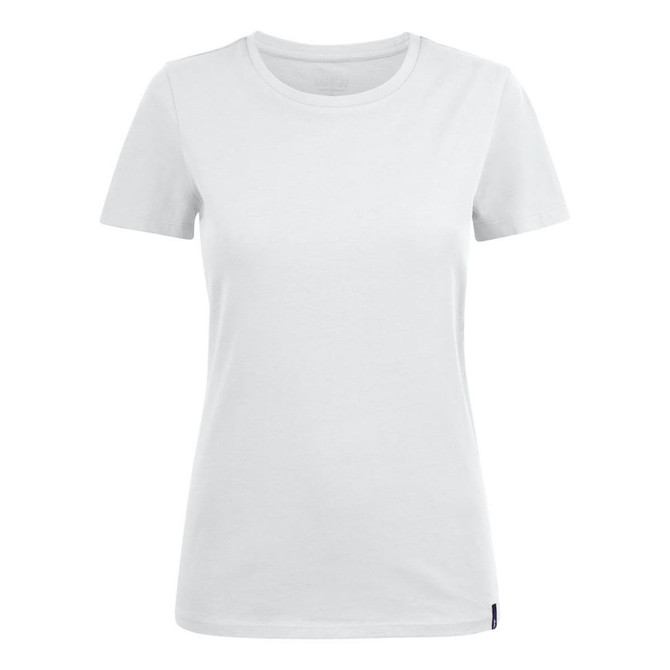 A light grey women's crew neck t-shirt featuring short sleeves and a small logo.
