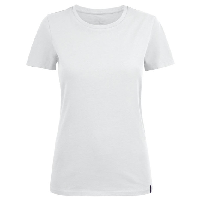 A white women's crew neck t-shirt featuring short sleeves and a logo.
