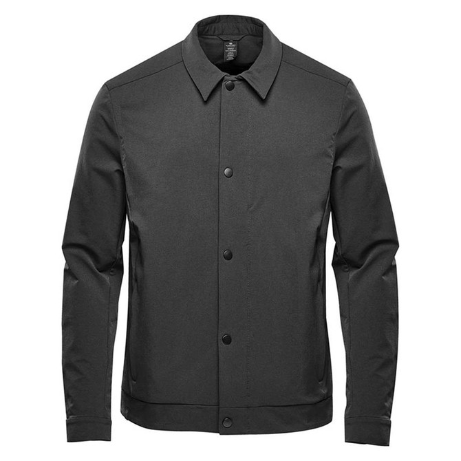 A black men's Soho jacket featuring a button front and a stylish design, with a logo on the chest.