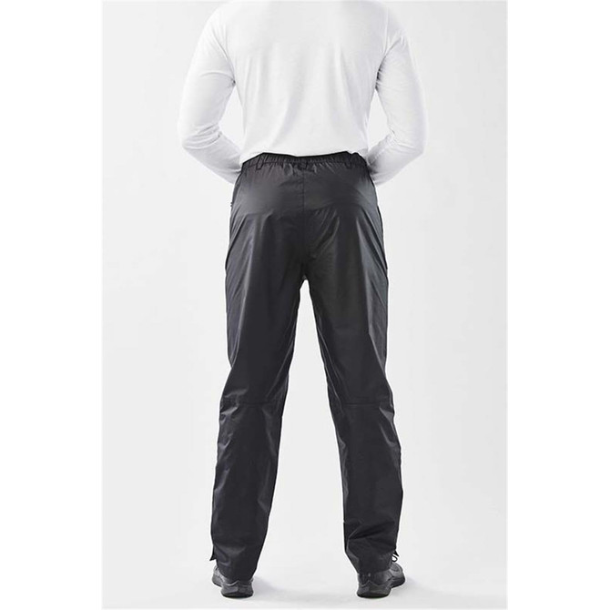 Black men's rain pants with an elastic waistband, featuring a logo, viewed from the back.