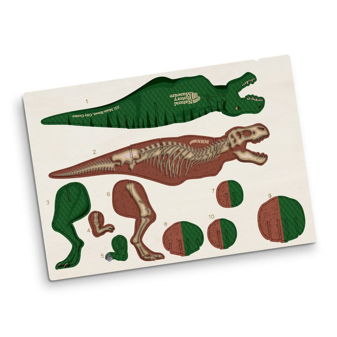 A wooden model kit featuring a Tyrannosaurus Rex with green and brown components for assembly.
