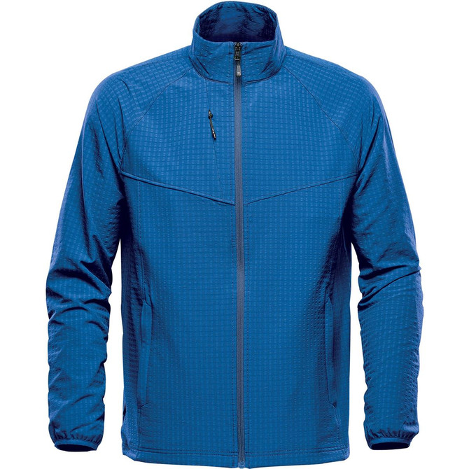 A blue men's jacket with a zip-up front, featuring a textured pattern and a high collar. It has a logo on it.