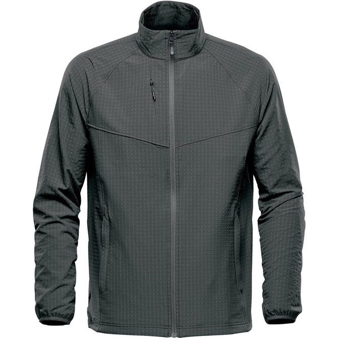 A men's jacket in dark grey with a zip front and a textured pattern. Features a stand-up collar and has branding.