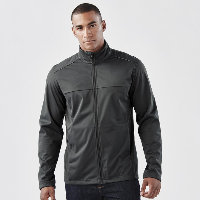 A men's lightweight softshell jacket in dark grey, featuring a zip closure and a stylish design.