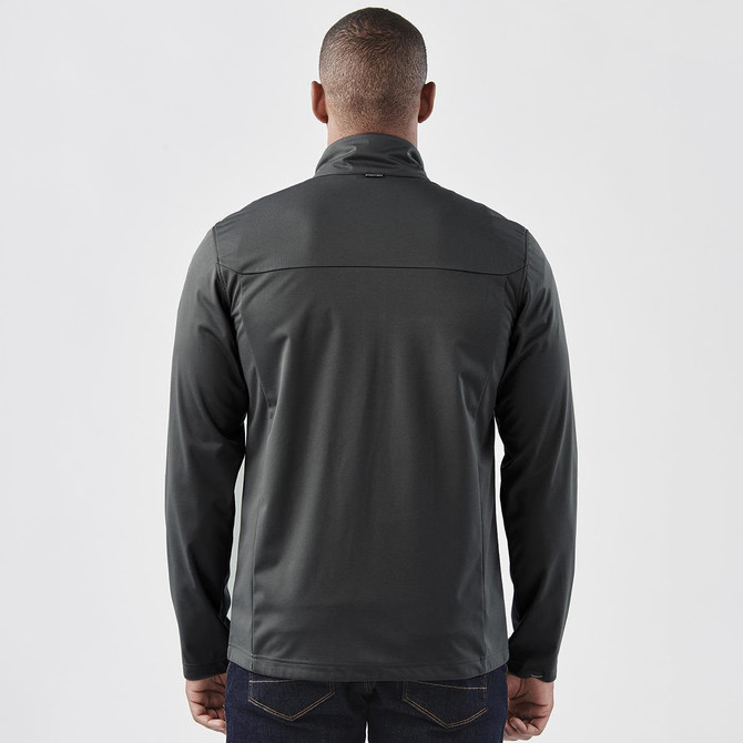 A men's lightweight softshell jacket in dark grey, featuring a logo on the back.