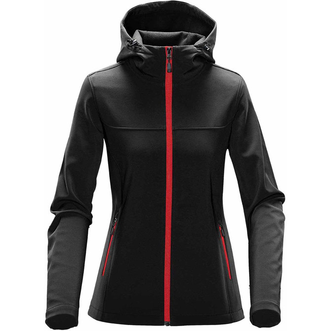 A women's softshell hoody in black with contrasting red zips and hood, featuring side pockets and a fitted design.