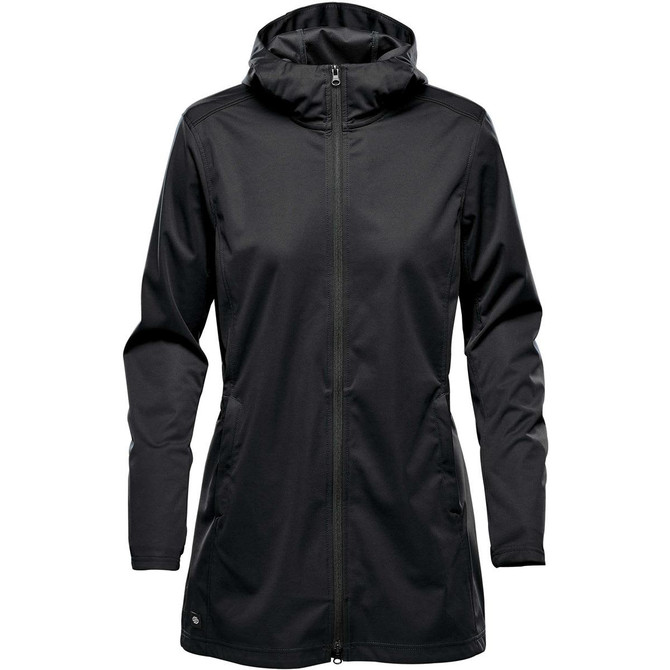 A women's softshell jacket in black with a zip front and hood. It features side pockets and has a branded logo.