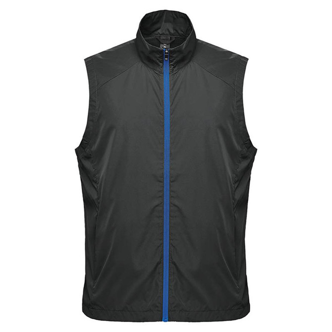 A dark green men's vest featuring a blue zip and a high collar, equipped with a logo.