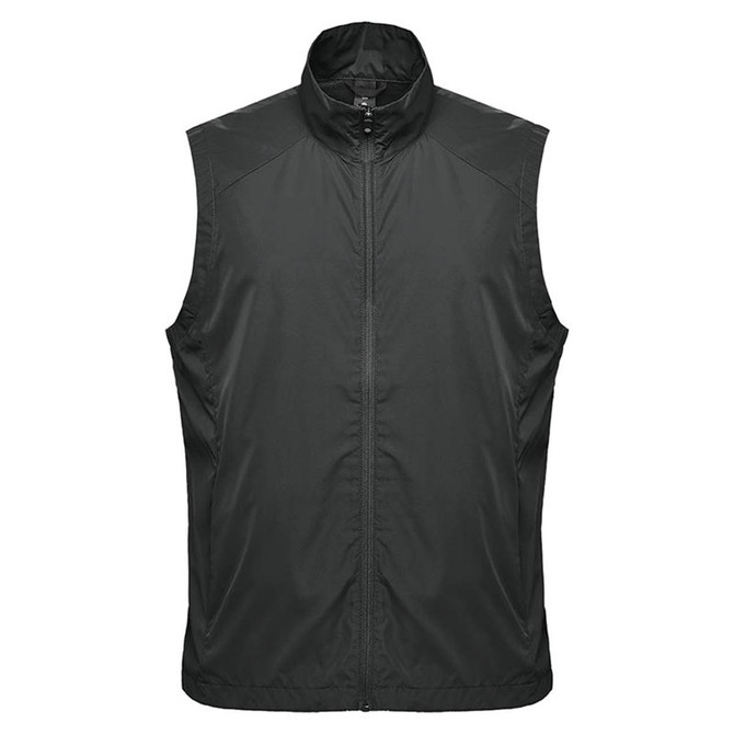 A dark green men's vest with a high collar and zipper, designed as workwear. It features a subtle logo.