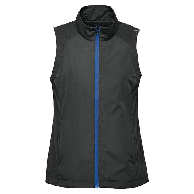 A sleeveless vest in black with a blue zipper and a high collar, featuring a logo.