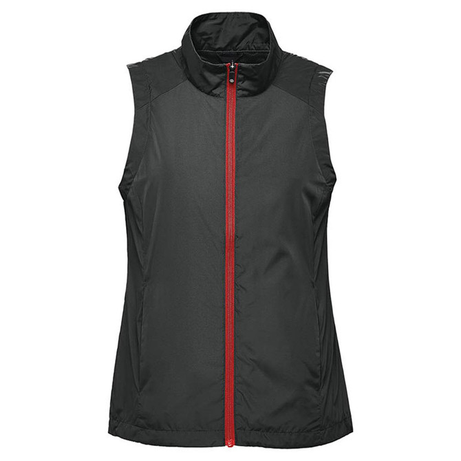 A sleeveless black vest with a red zip and collar, featuring a logo on the design.