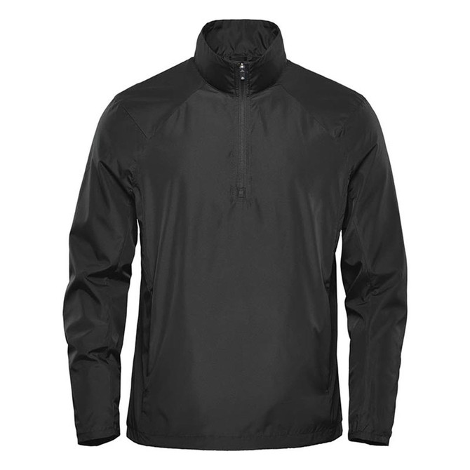 A black Men's Pacifica 1/4 Zip Anorak jacket with a high collar and a front zip, featuring branding.