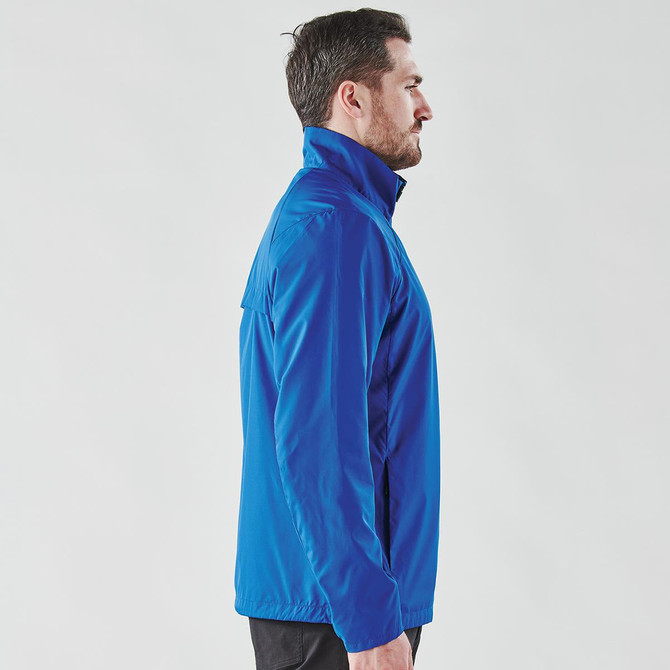 A blue men's rain jacket with a 1/4 zip and collar, featuring a logo on the front.