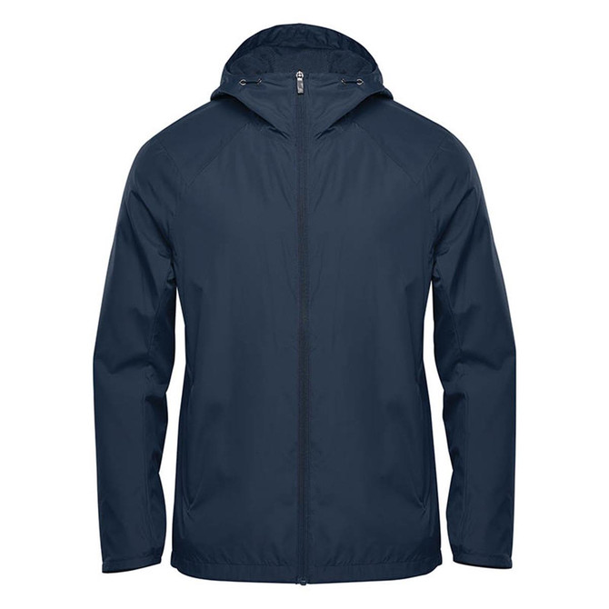 A navy wind jacket with a hood and a zipped front, featuring a logo on the chest area.