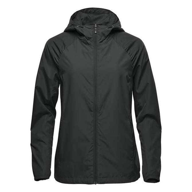 A women's wind jacket in dark green, featuring a hood and a sleek, lightweight design. It has a logo on the sleeve.