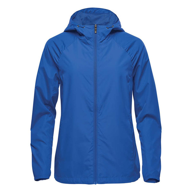 A women's rain jacket in bright blue with a hood and a zip front, featuring a logo.