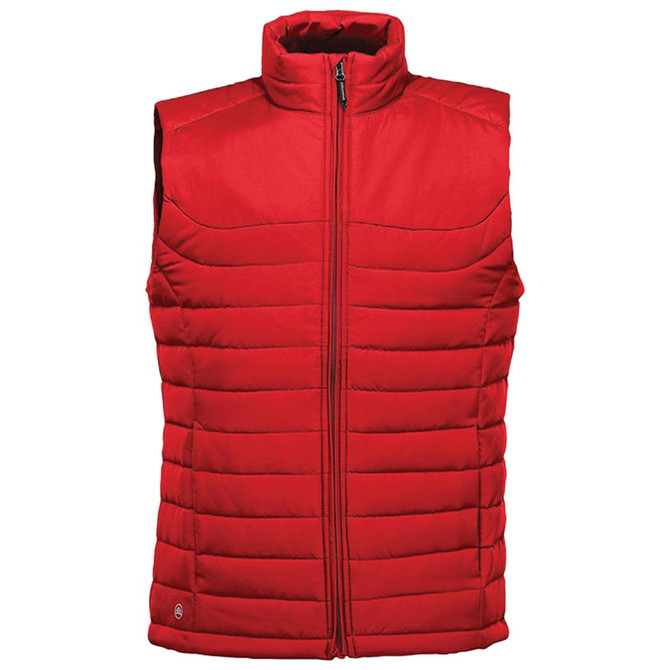 A red quilted vest with a high collar and zip front, featuring a logo on the lower side.