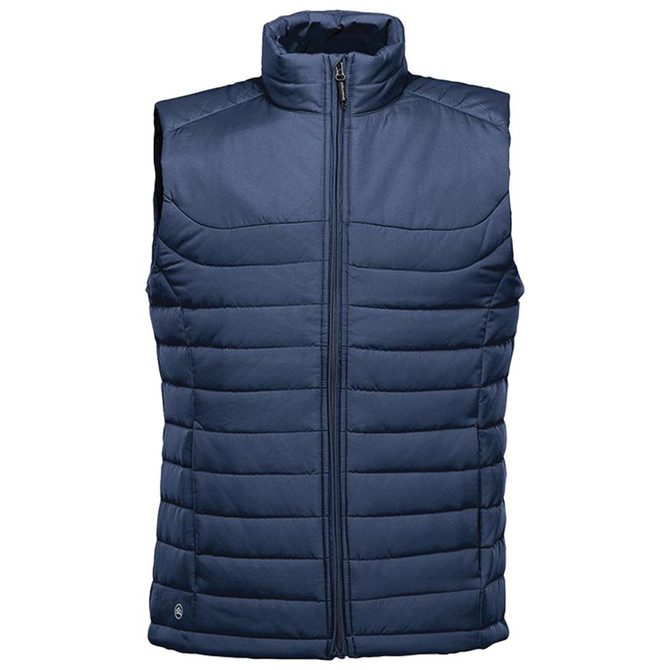 A navy blue quilted vest with a high collar and zip front, featuring a logo on the side.