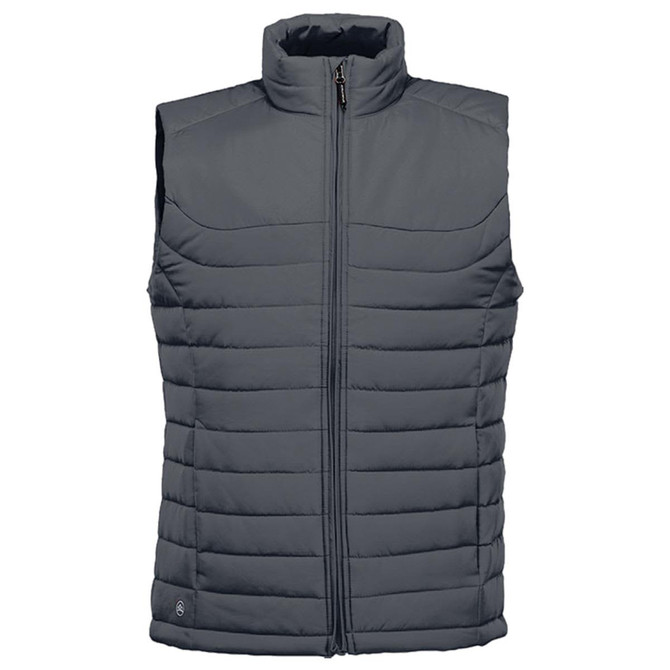 A grey quilted vest with a high collar, featuring a zipped front and no sleeves, designed for workwear.