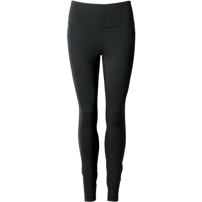 Black women's leggings with a high waistband and a fitted design, featuring a logo on the waistband.