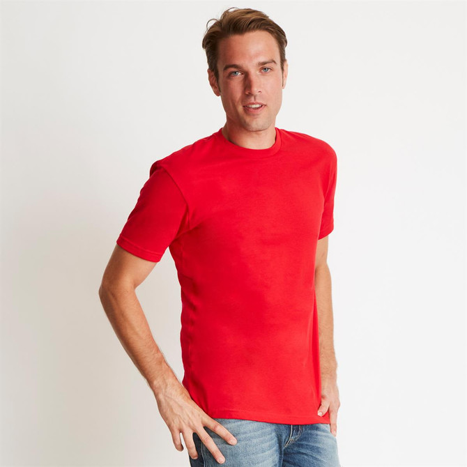 A red men's cotton crew t-shirt worn by a model, featuring a classic crew neckline and short sleeves.