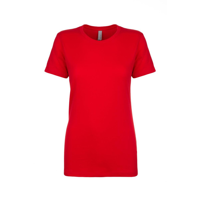A red women's boyfriend tee with short sleeves and a crew neckline, featuring a branding logo.