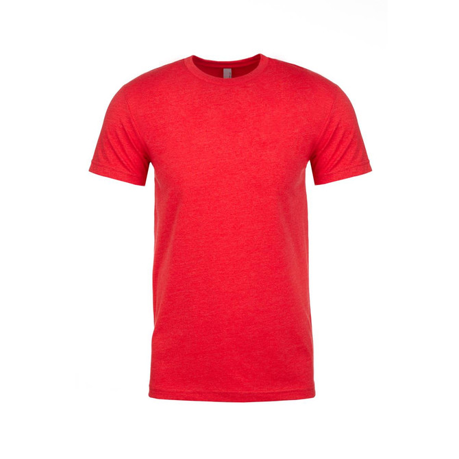 A red crew neck t-shirt with short sleeves, featuring a simple design and a logo.