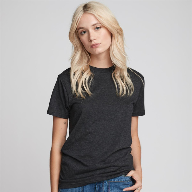A women's crew t-shirt in charcoal grey, featuring short sleeves and a classic fit. It includes a small logo.