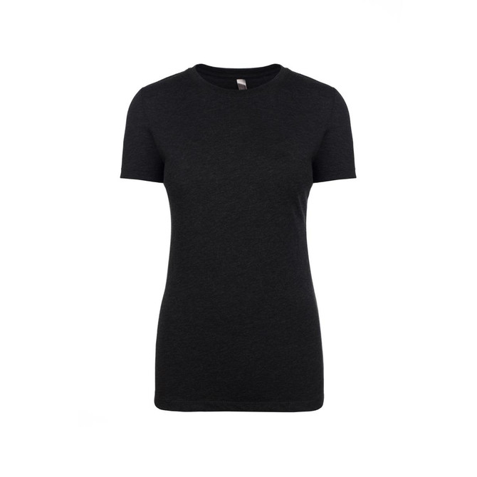 A women's tri-blend crew t-shirt in black, featuring short sleeves and a fitted style. It has a logo on the label.