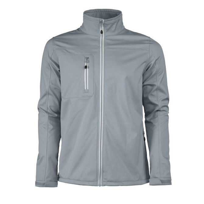 A softshell jacket in light grey with a zippered chest pocket and a high collar. The jacket features a branding logo.