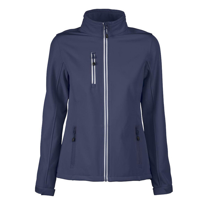 A women's softshell jacket in navy blue with zippered pockets and a branded logo.