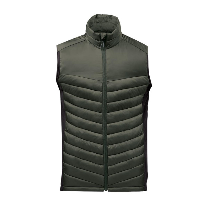 Men's Montserrat Thermal Vest in dark green with a zip front, featuring padded sections and a high collar.