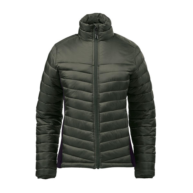 A women's thermal jacket in dark green with a padded design and a high collar. It features a zip front and branding.