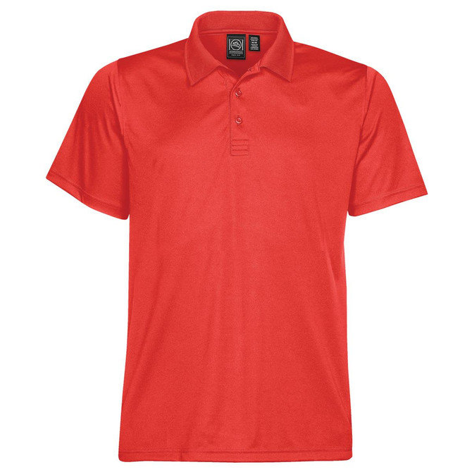 A red men's polo shirt with a collared neckline and three buttons, featuring a logo on the chest area.