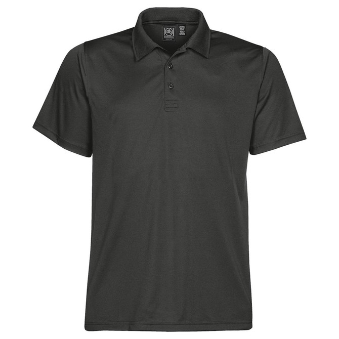 A men's polo shirt in black with a collar, short sleeves, and a branded logo on the chest.