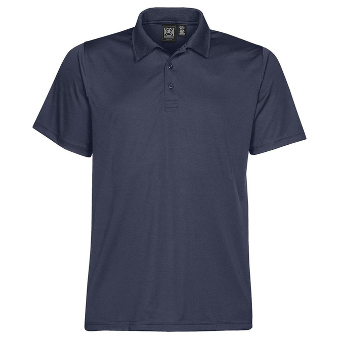 A navy polo shirt with a classic collar and three buttons, featuring a logo on the chest area.