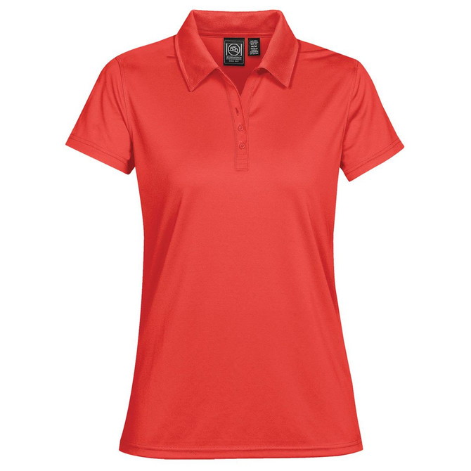 A red women's polo shirt featuring a collar and button placket, designed for casual wear. It has a logo on the label.