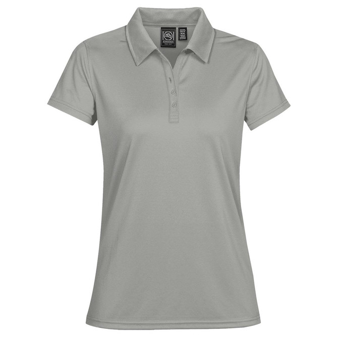 A women's polo shirt in light grey with a collar and a branding logo.
