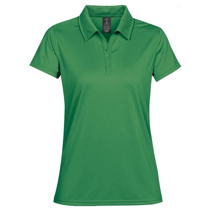A green women's polo shirt featuring a collared neck and short sleeves, with a logo on the chest.