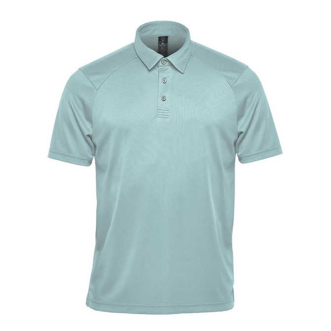 A light blue men's polo shirt with a collar and a logo on the chest. 