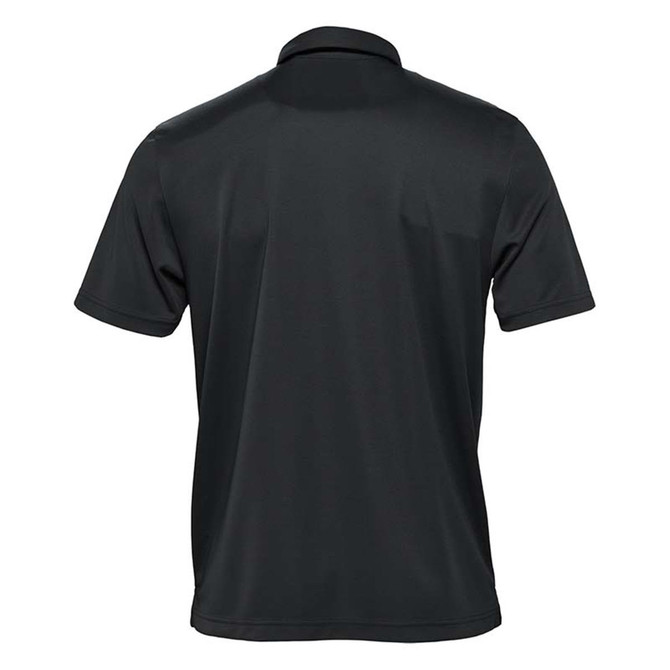 A black men's polo shirt with a classic collar and short sleeves, featuring a logo on the chest.