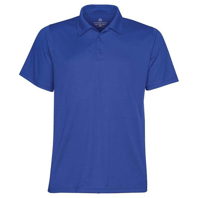 A lightweight, short-sleeved blue polo shirt with a collar and a logo. Suitable for casual or active wear.
