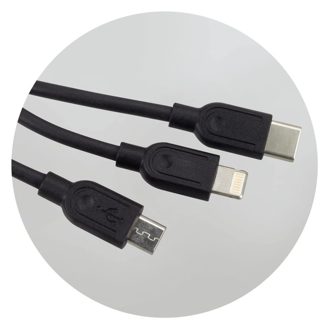 A black bamboo triple connector cable featuring USB, Lightning, and Micro USB connectors.