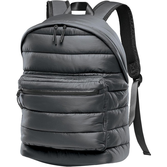 A quilted backpack in dark grey with padded sections and a front zip pocket. Features adjustable shoulder straps.