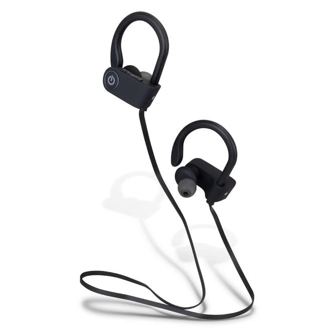 A pair of black Bluetooth earbuds with ear hooks and a connecting cord, featuring a power button on one earpiece.