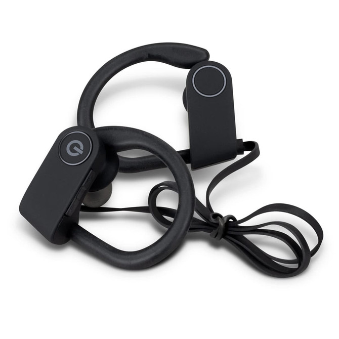 Bluetooth earbuds in black with a hook design for secure fit, connected by a cable. Features a branding logo.