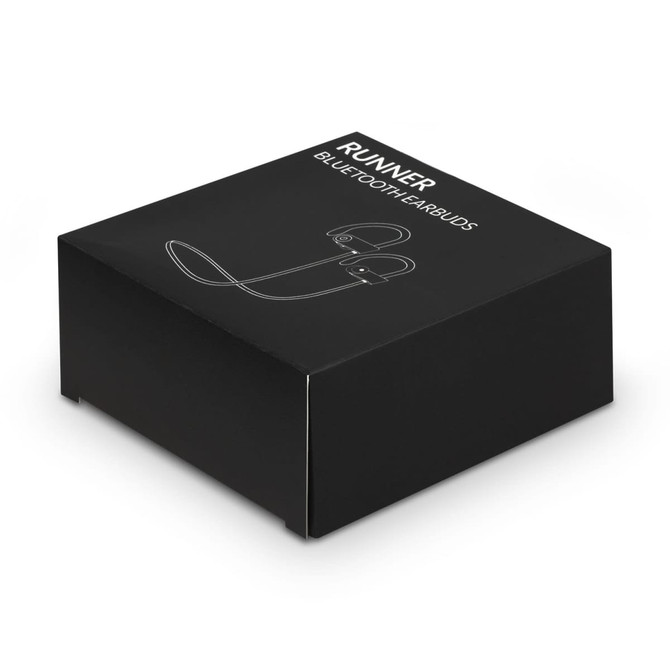 A black box containing Runner Bluetooth earbuds, featuring a minimalist design and a logo on the front.