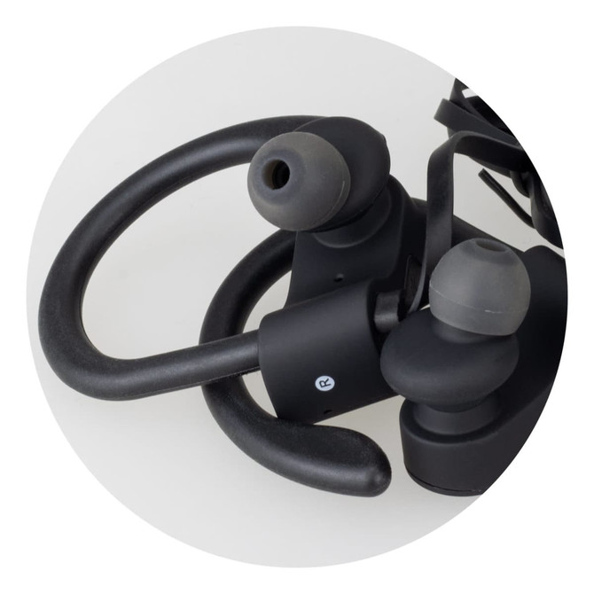 Runner Bluetooth earbuds in black with a flexible design and silicone ear tips, featuring a logo on the casing.